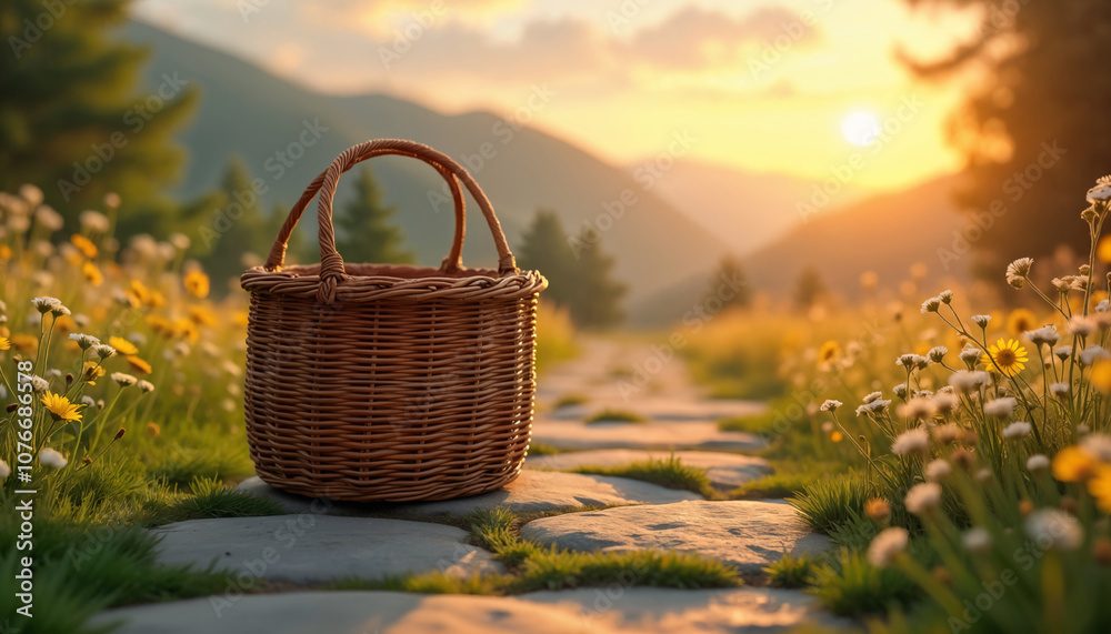 Woven Basket on a Scenic Pathway at Sunset Woven Basket on a Scenic Pathway at Sunset