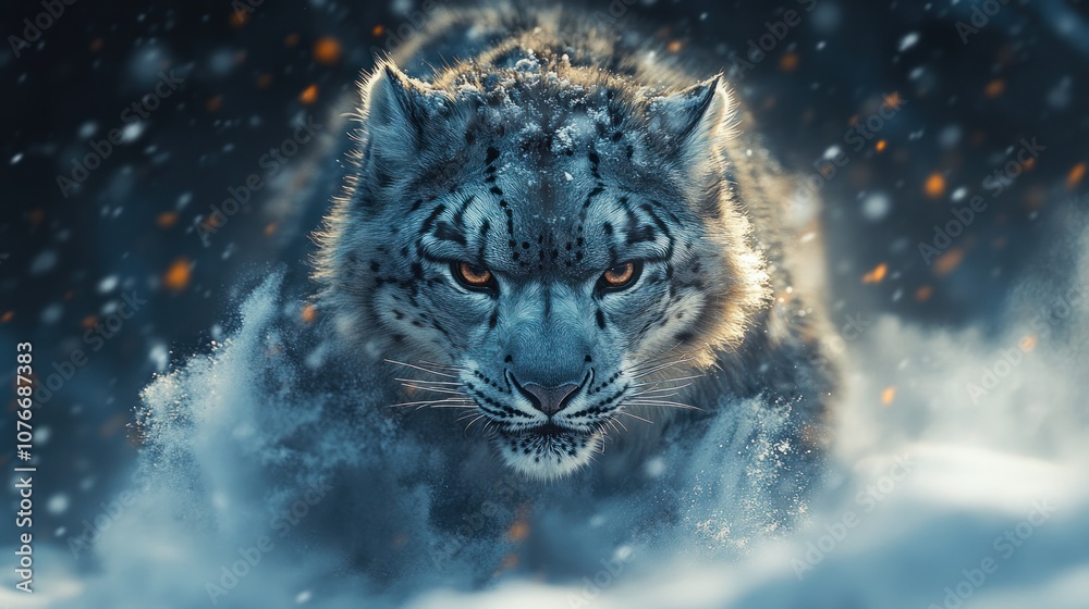 Fototapeta premium A snow leopard with intense eyes stares forward in a snowy environment with glowing sparks falling around it.