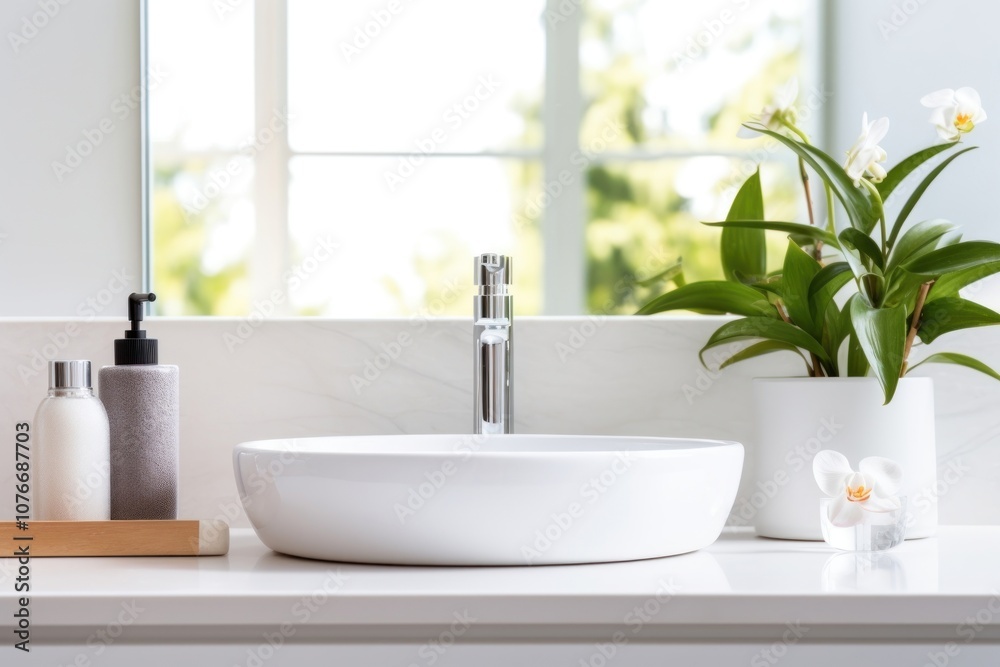 Fototapeta premium Sink plant countertop mirror.