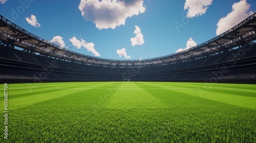 A panoramic view of a lush green soccer field under a bright blue sky with fluffy clouds.