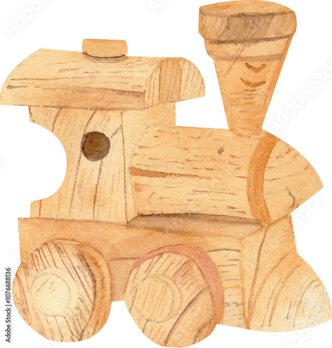 Watercolor illustration children's toy wooden train composition isolated from the background. Hand drawn drawing of retro kid things. For invitations, greeting cards, prints posters, stickers and more