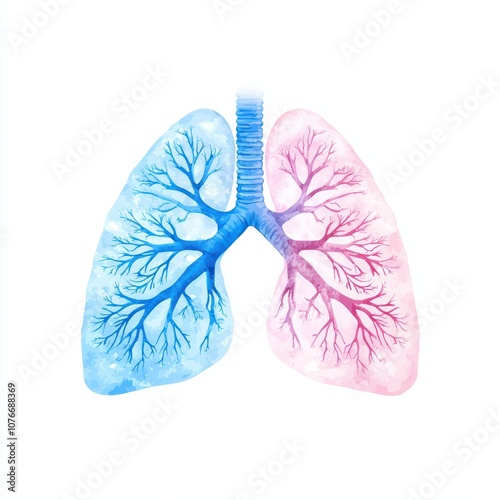 A watercolor illustration of human lungs in blue and pink on a white background.