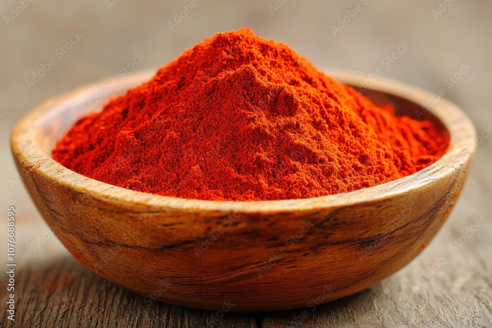 A bowl filled with vibrant red spice, likely paprika or chili powder, on a wooden surface. A bowl filled with vibrant red spice, likely paprika or chili powder, on a wooden surface.