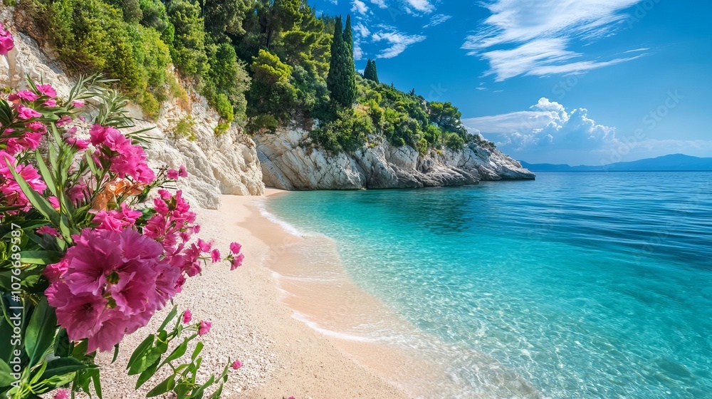 Fototapeta premium The cliffs and sandy shoreline of Paradise Beach, also known as Chomi Beach in the Aegean Sea off Corfu, Greece. Chomi, also known as Paradise beach, lies on the northwest coast of Corfu