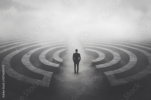 Businessman Standing at the Center of a Maze in a Foggy Landscape