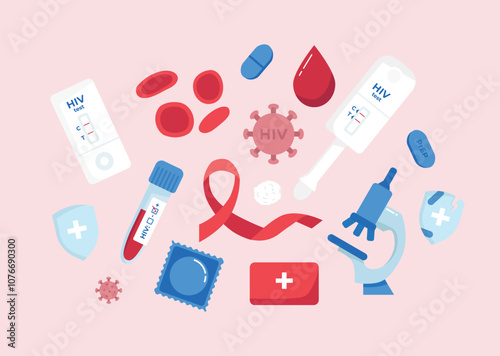 AIDS, HIV elements isolated set. Collection of red ribbon, home express tests, test tube, microscope, condom, immune system shield, virus. Vector illustration in flat style.