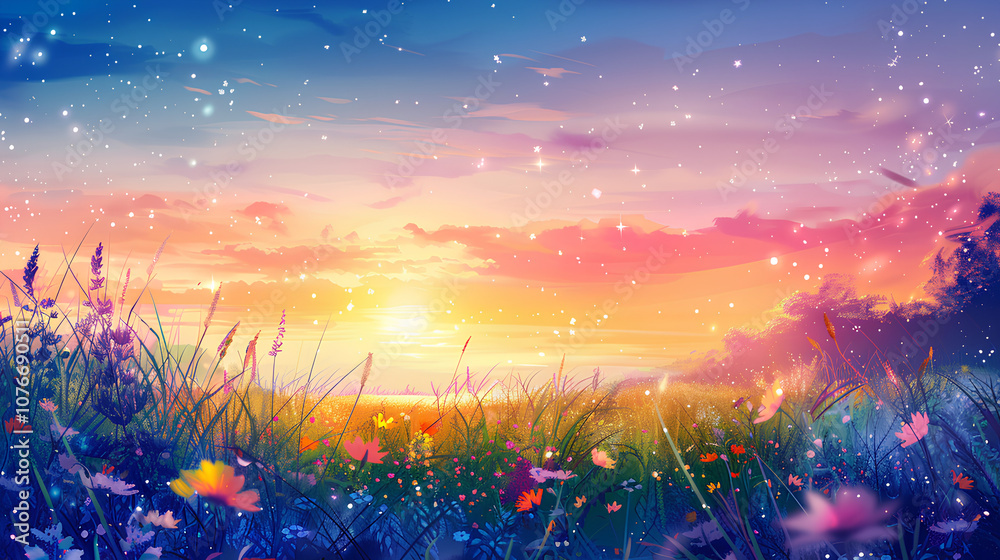 Beautiful grassland with wildflowers, a lake in the distance, a pastel sky, a pink and yellow sunset with dreamy pastels, fantasy landscape, a watercolor painting Beautiful grassland with wildflowers, a lake in the distance, a pastel sky, a pink and yellow sunset with dreamy pastels, fantasy landscape, a watercolor painting