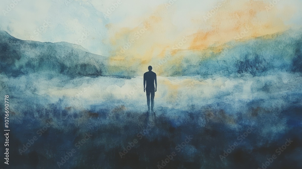 Fototapeta premium Silhouette of a Person Standing in a Dreamy Watercolor Landscape