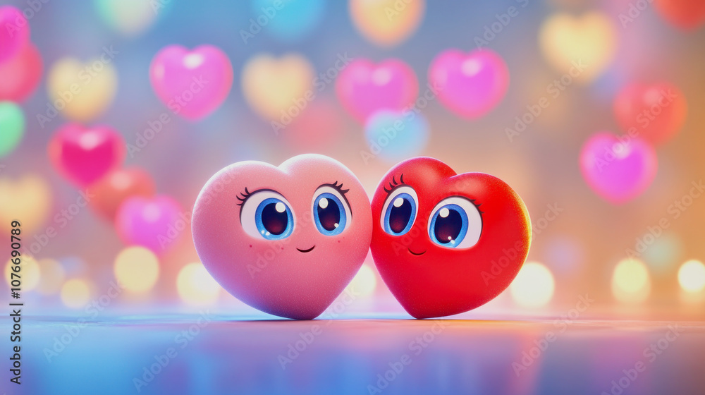 Fototapeta premium Two cute cartoon hearts with big eyes surrounded by colorful glowing hearts at night. Generative AI