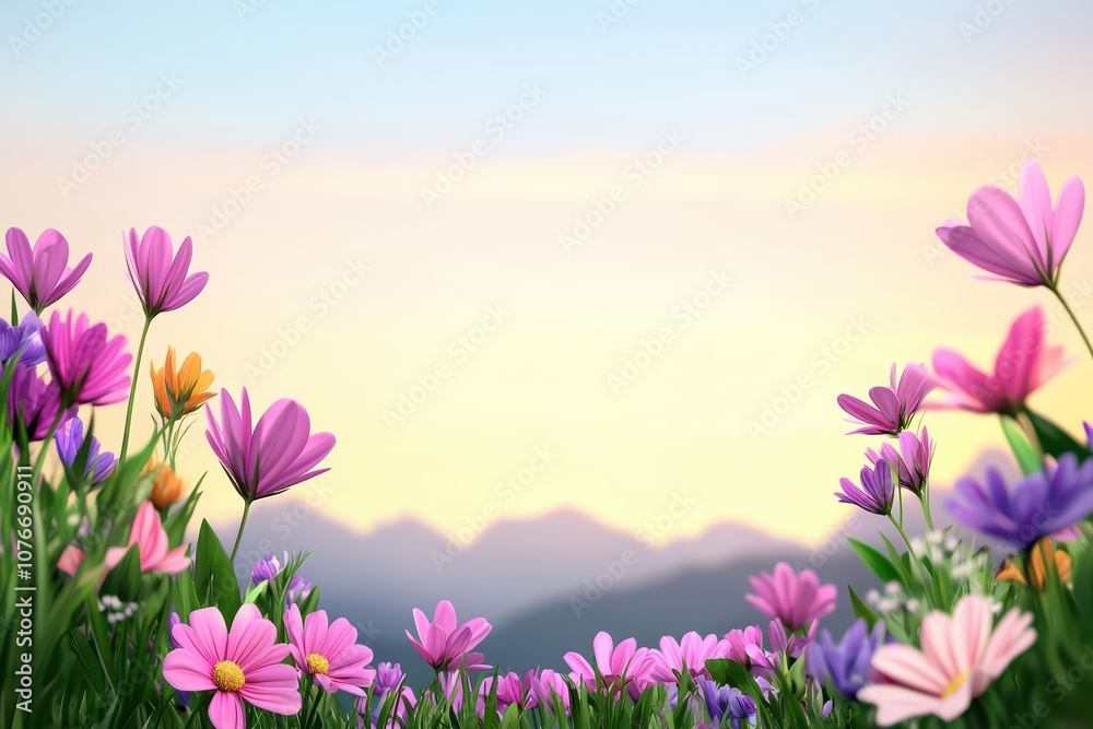 Fototapeta premium Colorful flowers in a vibrant field against a serene mountain backdrop during sunset.