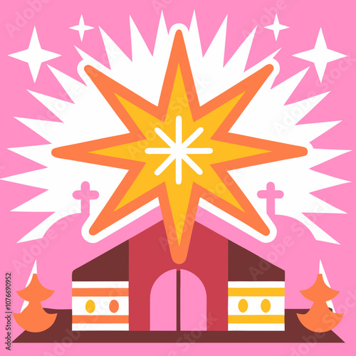 Christmas Star over Stable:  A vibrant, stylized illustration of the nativity scene with a radiant star shining above a simple stable. Perfect for Christmas cards, social media.