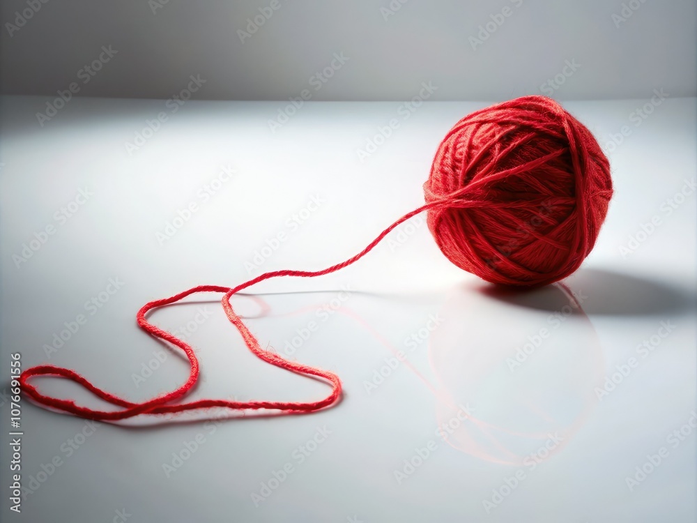 Red Yarn Ball with String Isolated on White Background - Long Exposure Photography for Crafts and Textiles Red Yarn Ball with String Isolated on White Background - Long Exposure Photography for Crafts and Textiles