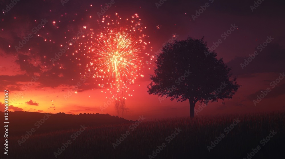 Fireworks Display Over a Silhouetted Tree Fireworks Display Over a Silhouetted Tree