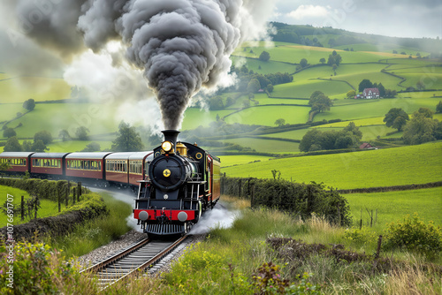A vintage steam train traveling through a scenic countryside. photo