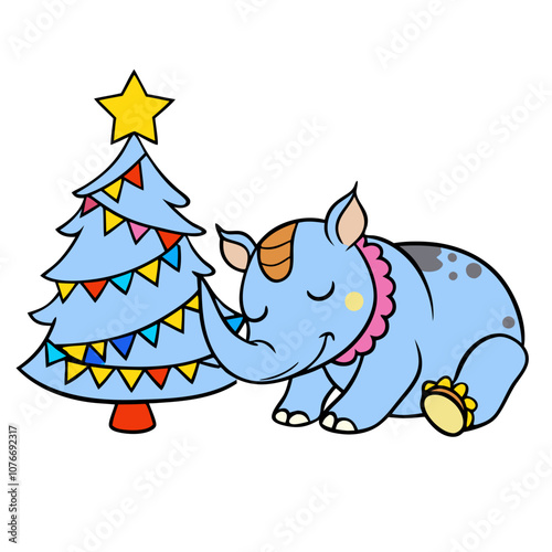 Rhino Christmas Cheer: A delightful cartoon rhino rests peacefully beside a brightly decorated Christmas tree, perfect for festive greetings and holiday-themed designs.