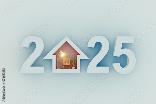 Creative 2025 New Year Concept with House Illustration. 3d render