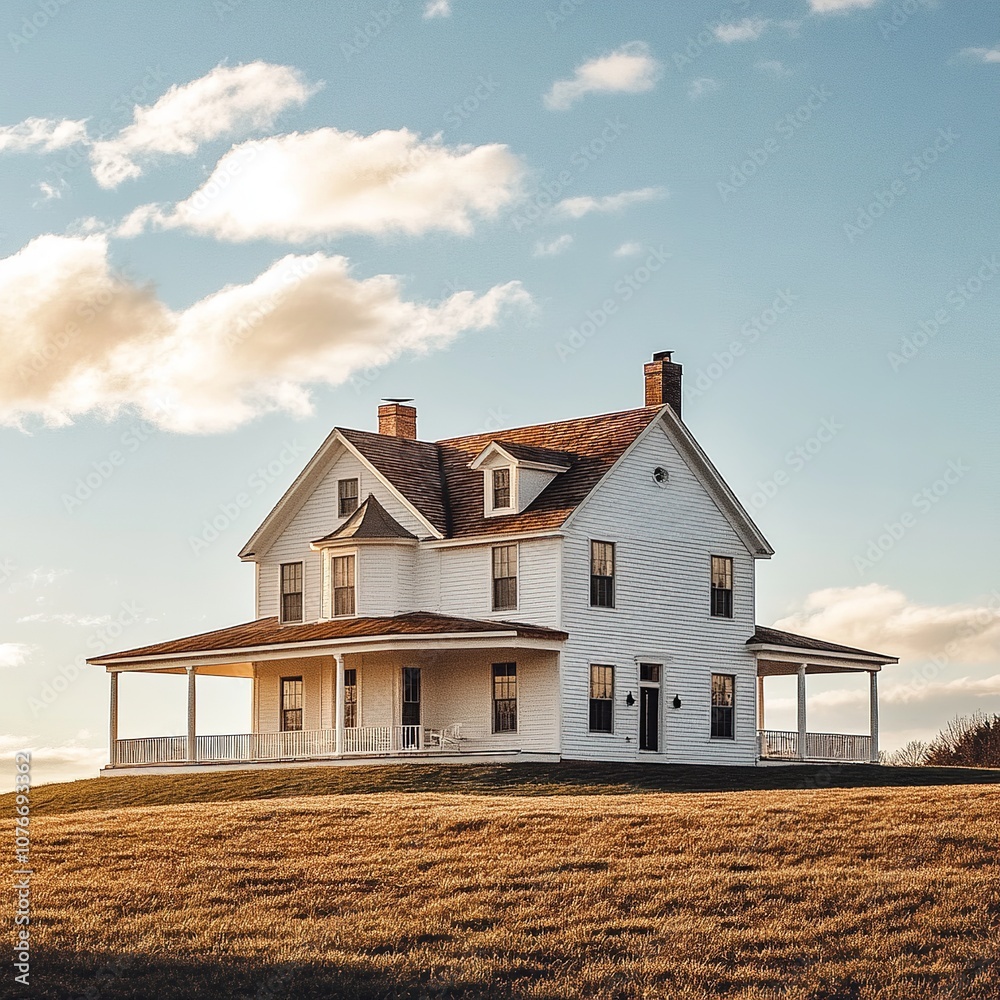 Large farmhouse with gabled roofs and a wraparound porch Large farmhouse with gabled roofs and a wraparound porch