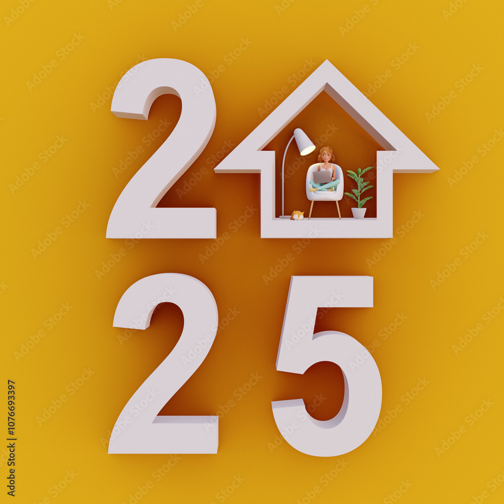 Creative 2025 New Year Concept with House Illustration. 3d render Creative 2025 New Year Concept with House Illustration. 3d render
