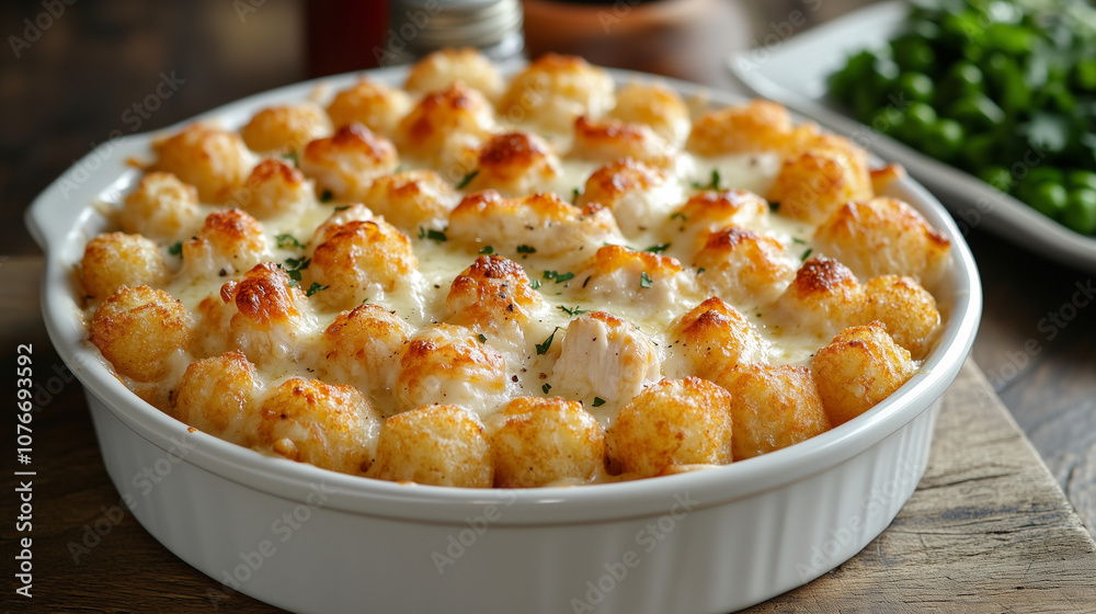 Delicious cheesy tater tot casserole with green peas, freshly baked, served in a warm, inviting kitchen setting during dinner time.