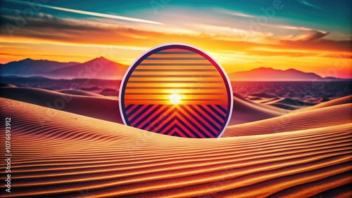 Retro Desert Abstract Logo with 80s Sunset Theme for Tourism and Adventure Promotion photo