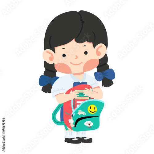 Cute girl student put book backpack