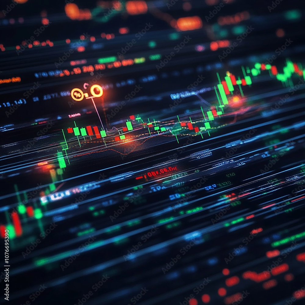 A dynamic stock market graph with fluctuating lines, representing financial growth and decline, glowing in vibrant colors like green, red, and blue. The graph features candlesticks and trend lines. A dynamic stock market graph with fluctuating lines, representing financial growth and decline, glowing in vibrant colors like green, red, and blue. The graph features candlesticks and trend lines.