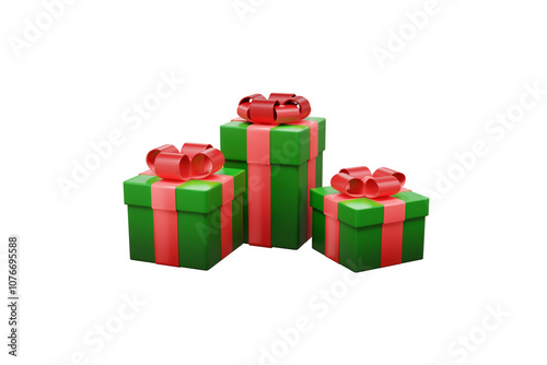 Christmas gift boxes with red ribbon.  Set of realistic 3d render gift boxes. Cartoon design. Gift box in different angles isolated on transparent background. Decorations, banners