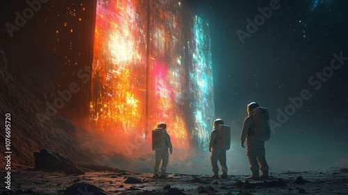 Astronauts exploring glowing monoliths. photo