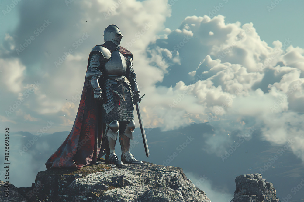 Fototapeta premium A fantastic royal knight in armor guards the castle chambers
