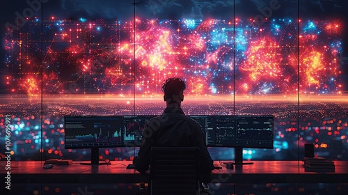 Wallpaper Mural A tech professional sits in front of a computer displaying a digital representation of blockchain technology, with interconnected blocks of data lighting up across the screen Torontodigital.ca