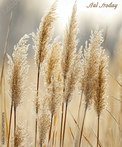 Discover the Elegance of Golden Reeds Bathed in Morning Dew: A Serene Landscape of Nature's Beauty in a Grassy Meadow