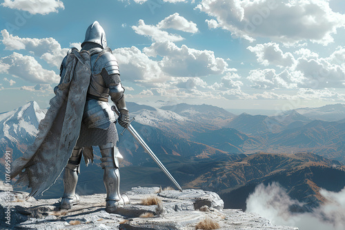 A fantastic royal knight in armor guards the castle chambers
