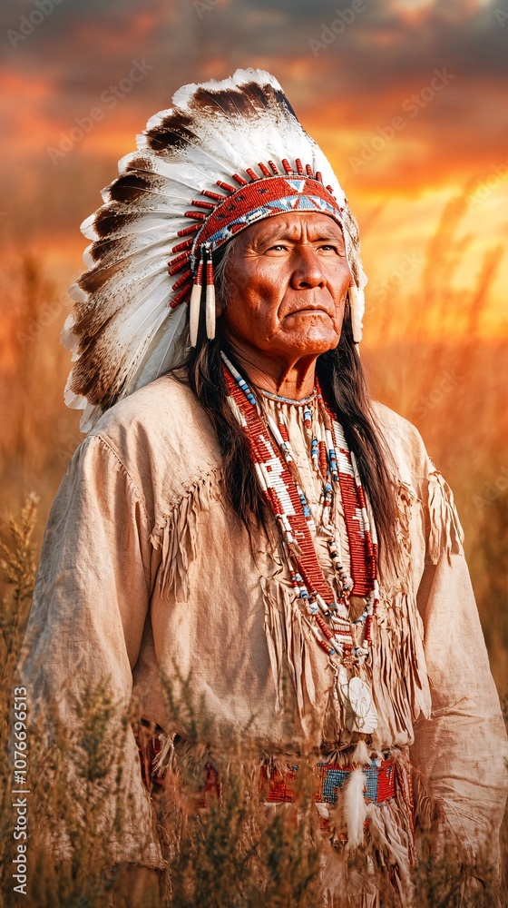Fototapeta premium Elderly Native American Chief Standing in a Sagebrush Field at Sunset