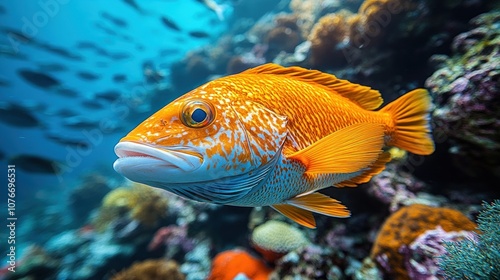Vibrant orange fish swimming among coral in a clear ocean.