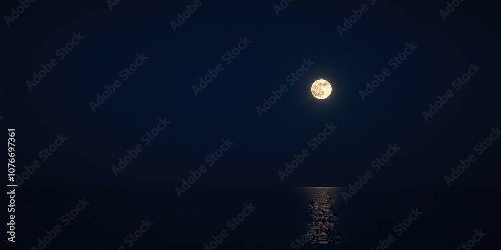 Full moon rising in a clear night sky over a calm and tranquil empty ocean with copy space, landscape Full moon rising in a clear night sky over a calm and tranquil empty ocean with copy space, landscape
