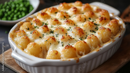 Delicious cheesy tater tot casserole with green peas, freshly baked, served in a warm, inviting kitchen setting during dinner time.