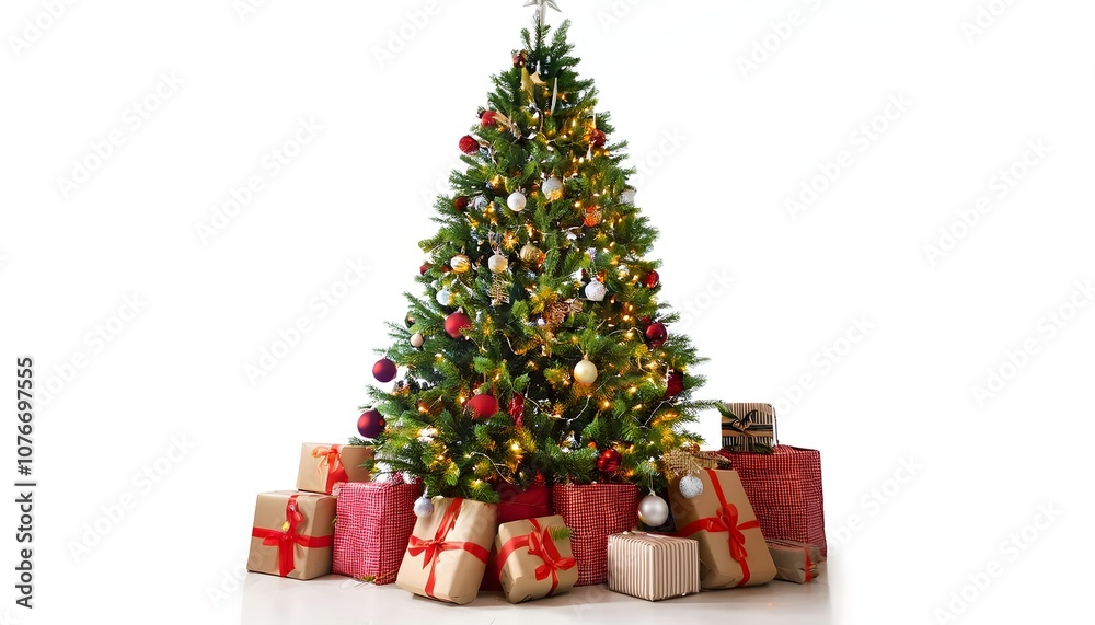 decorated christmas tree and gifts under pine tree isolated, christmas tree transparent background decorated christmas tree and gifts under pine tree isolated, christmas tree transparent background