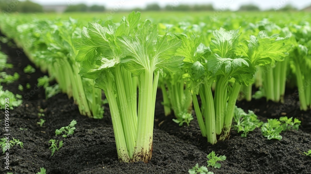 Obraz premium Lush green celery growing in rows.