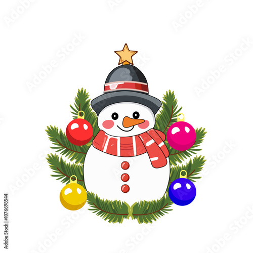 Cartoon Snowman Wearing Hat with Scarf, Baubles and Fir Leaves on White Background for Merry Christmas Concept.