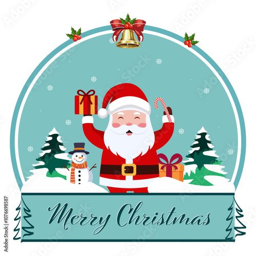 Merry Christmas Greeting Card with Cheerful Santa Claus Character, Snowman, Gifts and Snowy Tree Illustration.