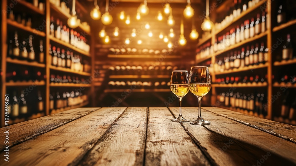 Two Wine Glasses on Wooden Table in Wine Cellar Two Wine Glasses on Wooden Table in Wine Cellar