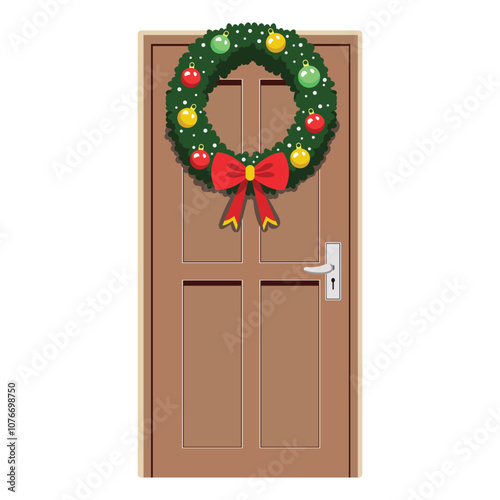 Christmas Wreath on Wooden Door Element for Xmas Festival.