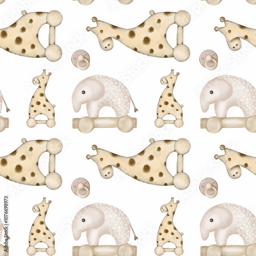 Canvas Print Cute watercolor animal pattern featuring giraffes and elephants on a light backg
