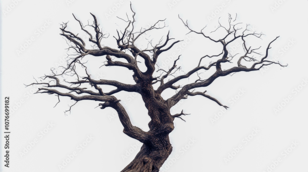 Fototapeta premium Ancient gnarled dead tree with twisted branches, eerie and leafless, isolated on a white background.