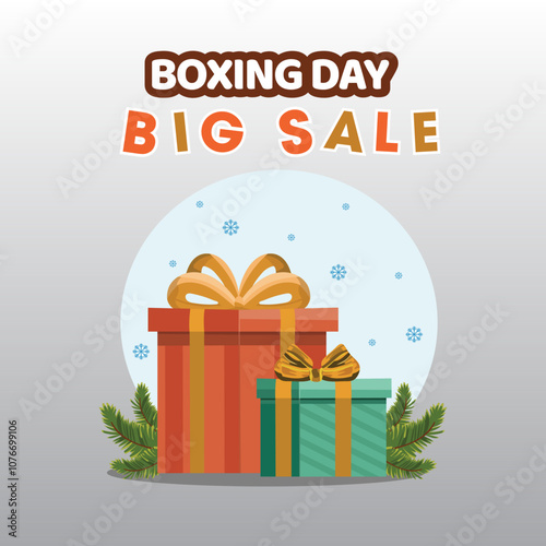 Boxing Day Big Sale Poster Design with Gift Boxes and Fir Leaves on Grey Background.