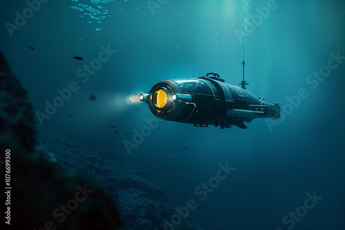 Beautiful large bathyscaphe floating in middle of ocean during exploration