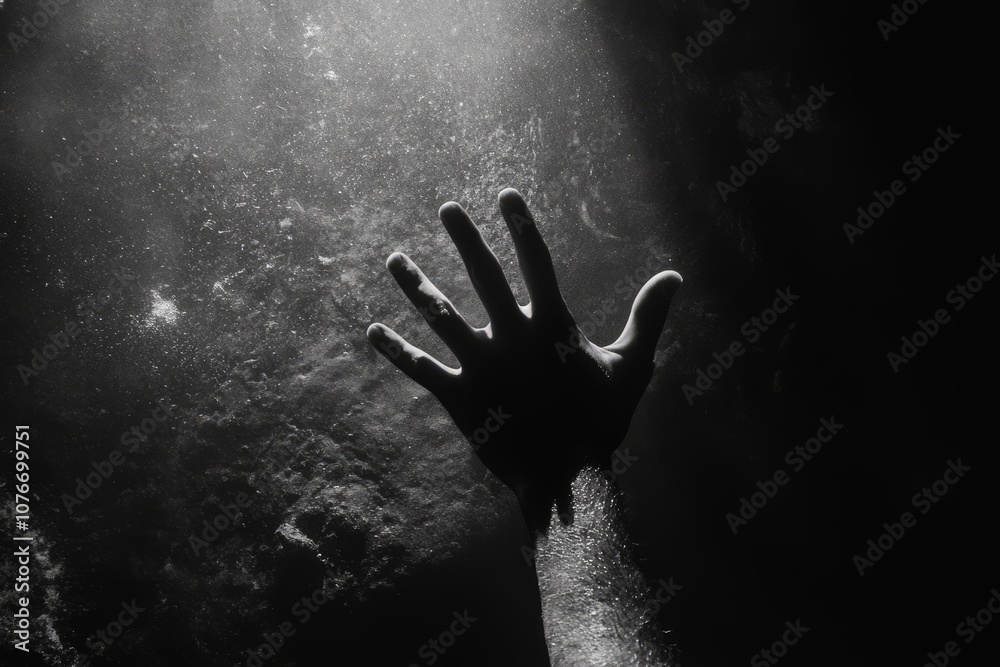 Dramatic Black and White Image of a Hand Reaching Towards Light in a Dark Dramatic Black and White Image of a Hand Reaching Towards Light in a Dark