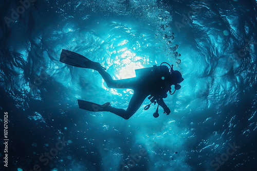 Beautiful diver goes on an underwater adventure in frighteningly deep sea