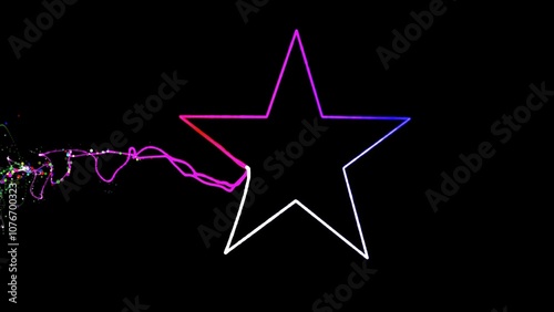 Beautiful illustration of star shape with  colorful lines and glitter particles on plain black background