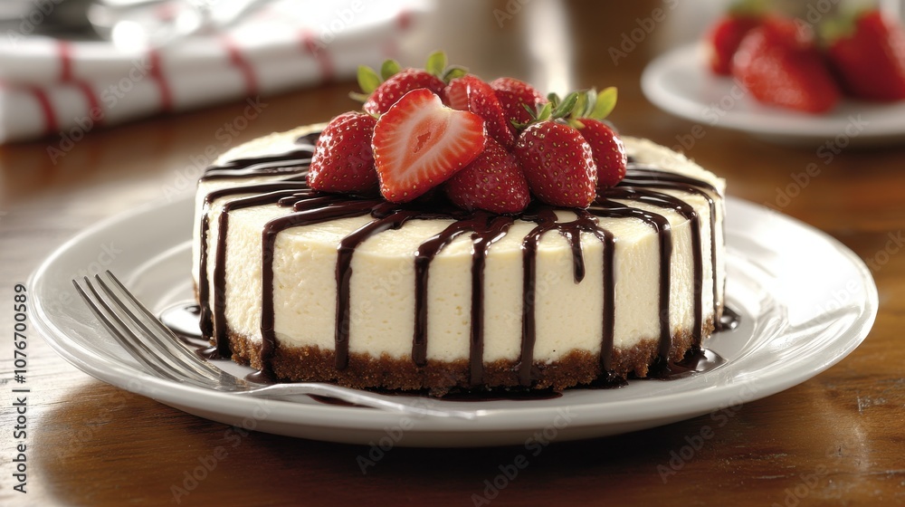 A delicious chocolate and strawberry cheesecake sits on a marble countertop, topped with fresh strawberries and chocolate drizzle. The setting includes nearby strawberries and utensils. A delicious chocolate and strawberry cheesecake sits on a marble countertop, topped with fresh strawberries and chocolate drizzle. The setting includes nearby strawberries and utensils.